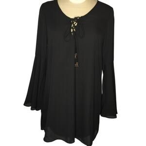 Dani Collection Medium long sleeved black blouse Tie embellishments Gauzy Light